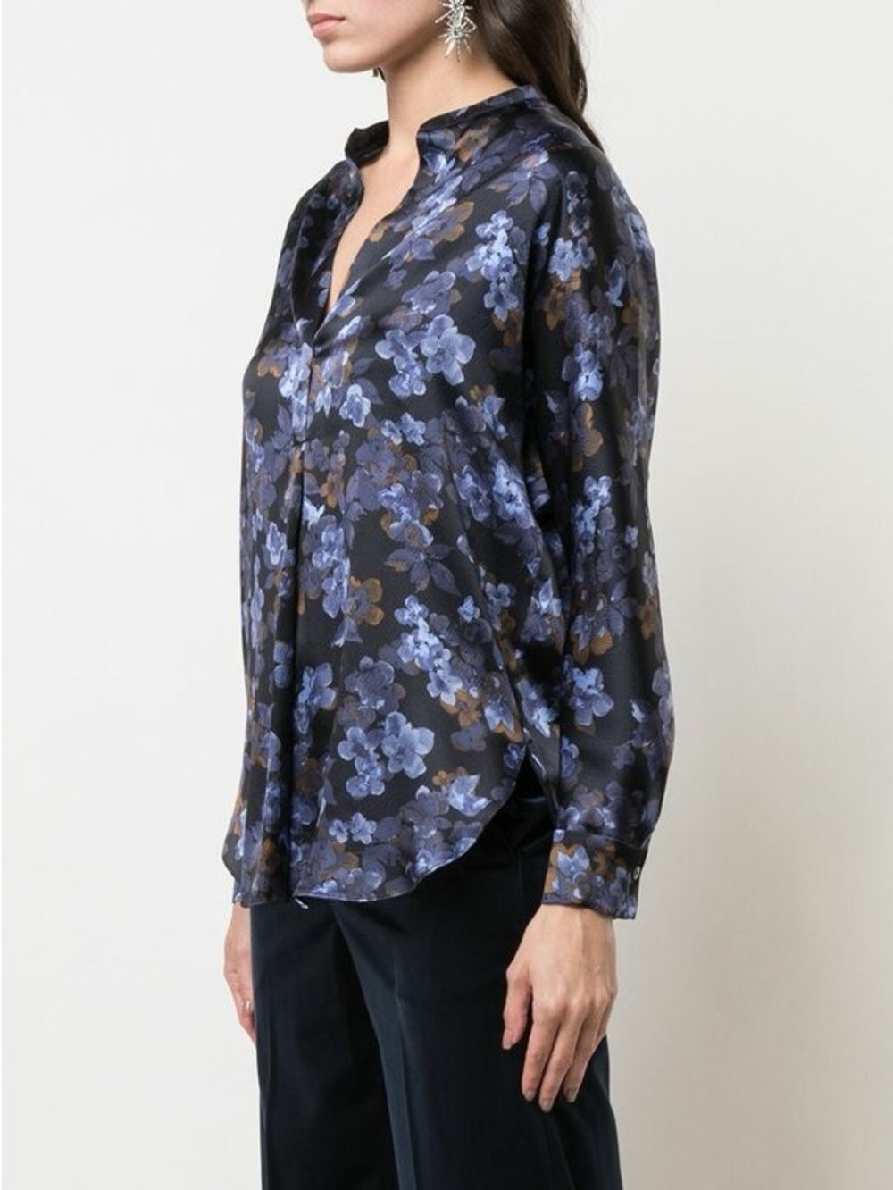 Vince Blue Plumeria Print Silk Blouse, XS